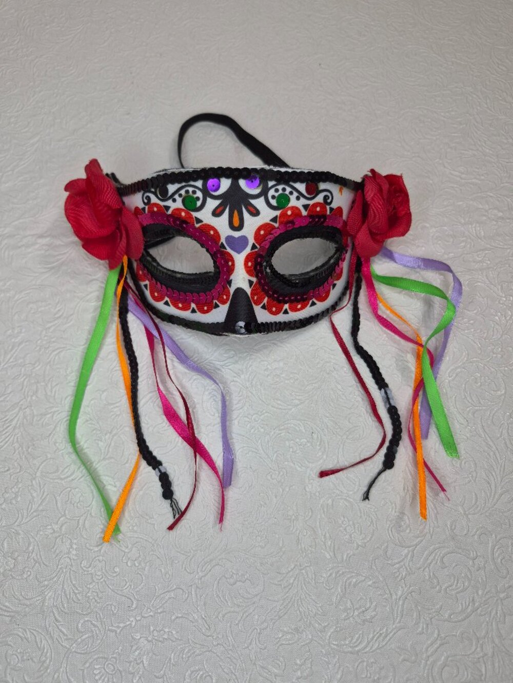Adult Sequin Floral Halloween Masquerade Costume Mask Red Black Pink Streamers